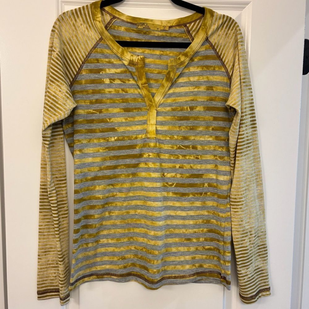 PRANA Long Sleeve Henley Top Striped Yellow Gray Women’s Size Medium